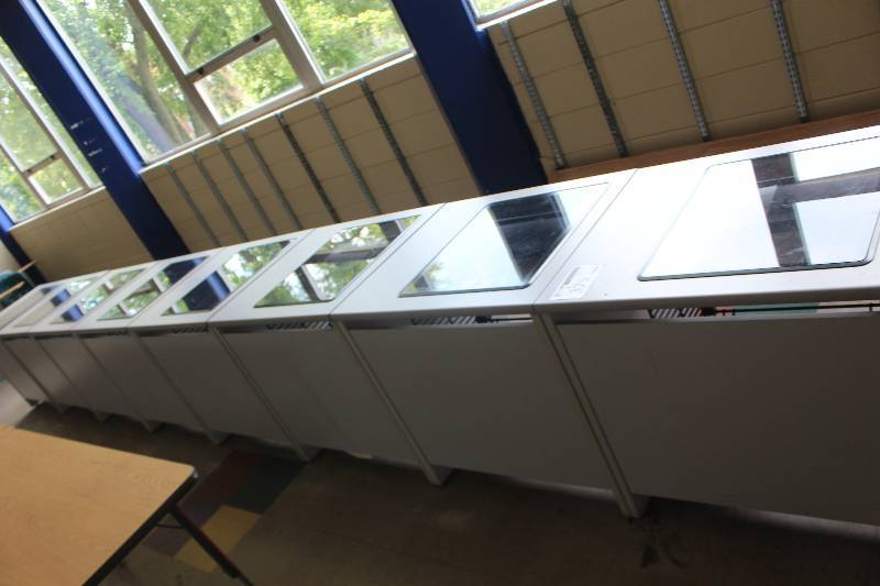 lot 375 image: Lot of (8) Student Desks w Glass Tops, Keyboard Trays