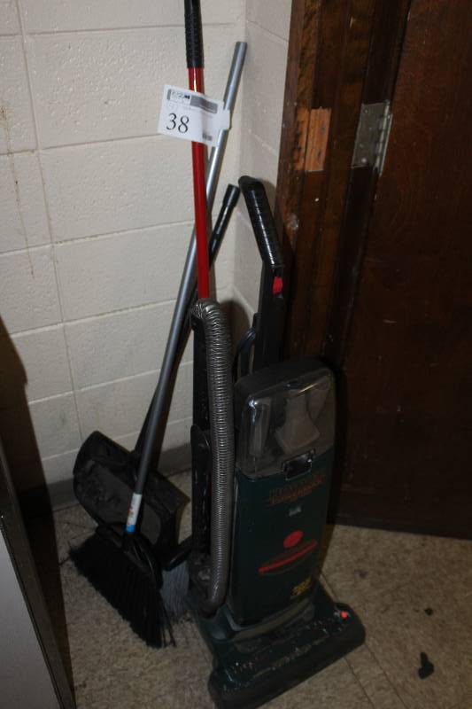 lot 38 image: Lot of (4) Cleaning Equipment Includes 2-Brooms, Hoover Powermax Vacuum, Sweeper Dust Collector