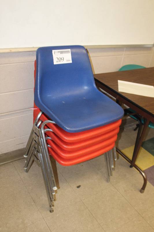 lot 209 image: Lot of (5) Stacking Plastic Seat Metal Frame Chairs