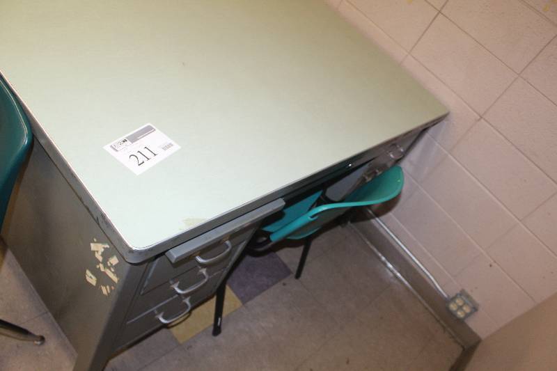 lot 211 image: 3-Drawer Metal Office Desk, Chair