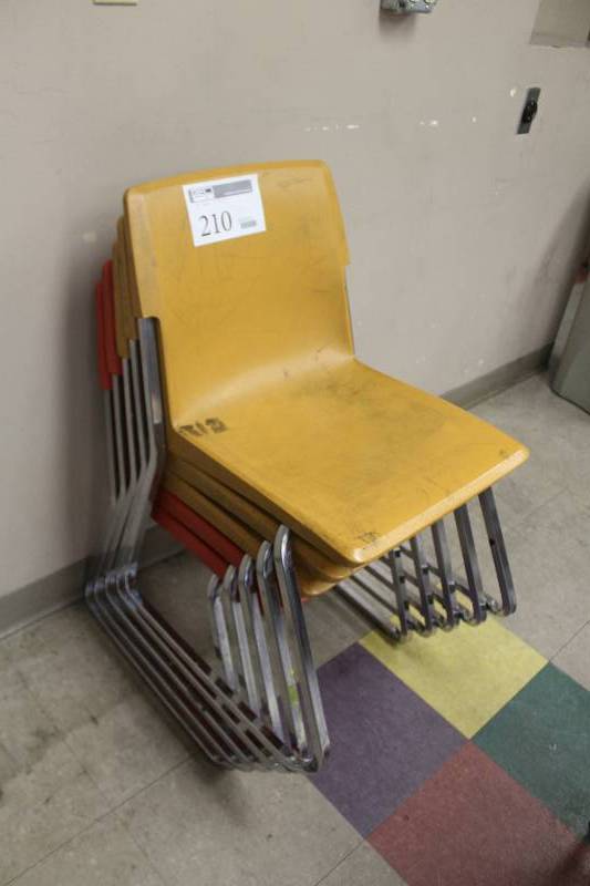 lot 210 image: Lot of (5) Stacking Plastic Seat Metal Frame Chairs