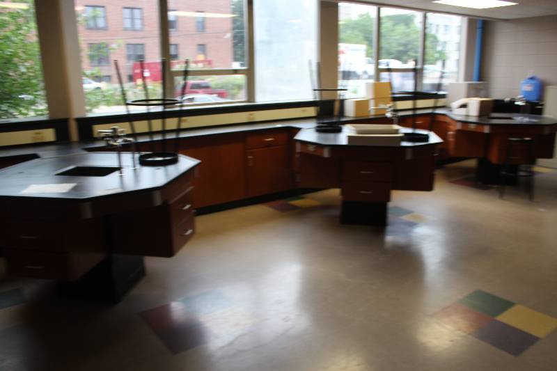 lot 5 image: Science Laboratory Equipment Includes Counters, 3-Island Tables, 4-Stools