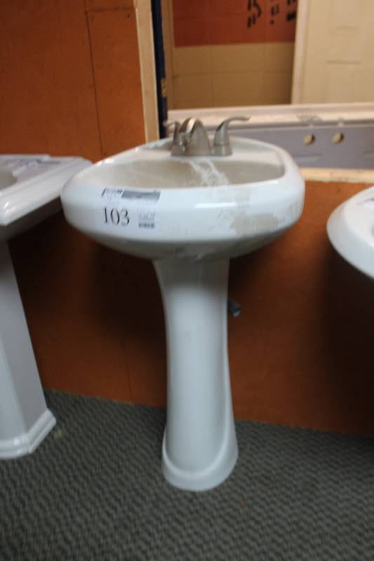 lot 103 image: Double Fixture Pedestal Sink w Fixtures