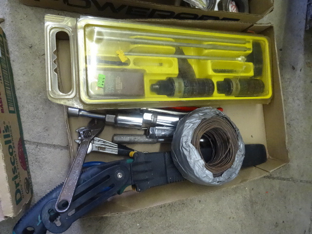 lot 123 image: Gun cleaning kit. Hand saw. Misc to...