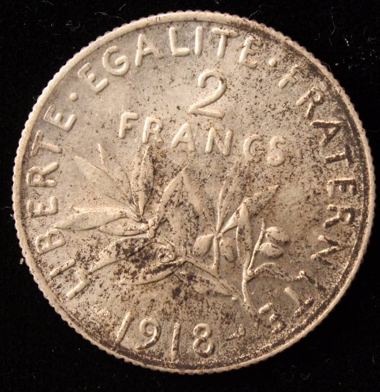 1918 FRANCE SILVER 2 FRANCS AU (83.5% SILVER 10 GRAMS)