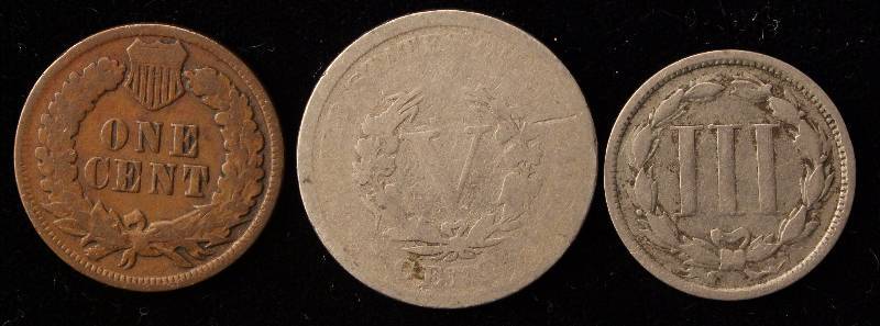 GROUP OF 3 COINS 1906 INDIAN 1C,  1889 5C & 1867 3C