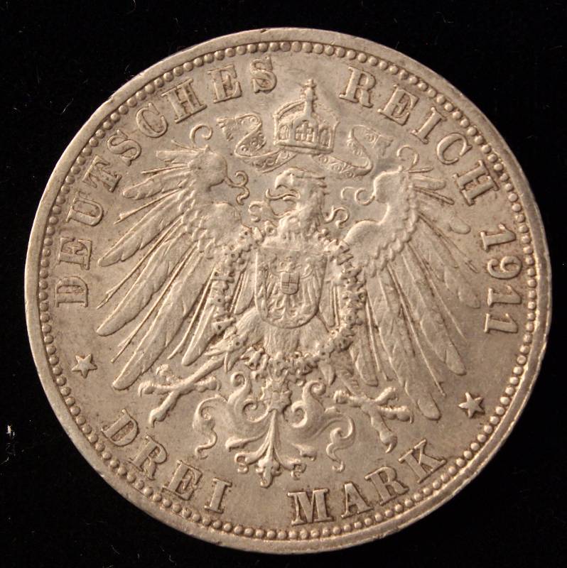 1911-F WURTTEMBERG DEUTSCHES REICH 3 MARKS AU (16.6 GRAMS 90% SILVER)