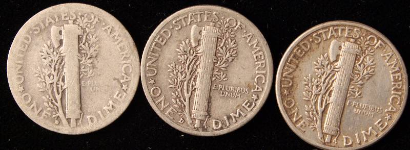 GROUP OF 3 SILVER MERCURY DIMES 1928D 1940D & 1945P