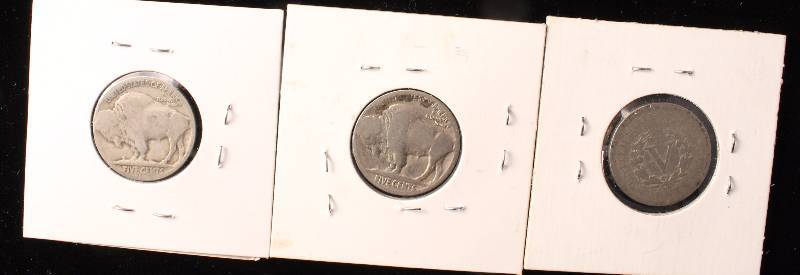 GROUP OF 3 NICKELS 2 BUFFALO & 1 LIBERTY V