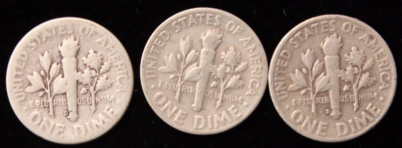 GROUP OF 3 SILVER ROOSEVELT DIMES 1946D, 1947P & 1952D