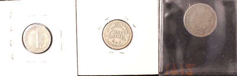GROUP OF 3 COINS MERCURY & BARBER 10C & 1912 V 5C
