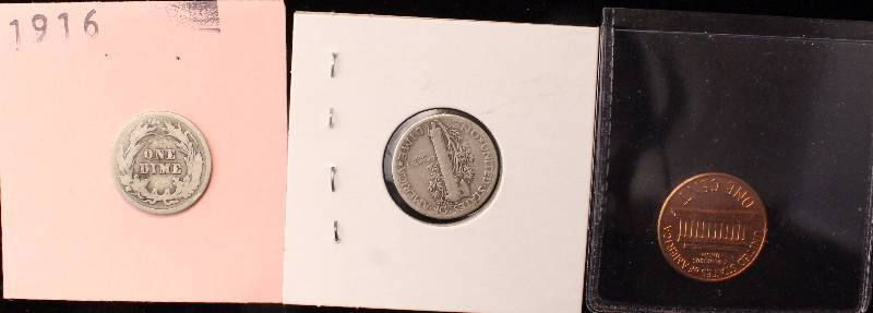 GROUP OF 3 COINS 2 SILVER DIMES AND A BU CENT