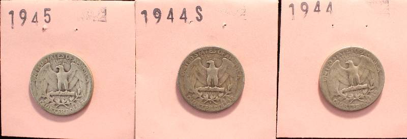 GROUP OF 3 WASHINGTON SILVER QUARTERS 1944, 1944-S, & 1945