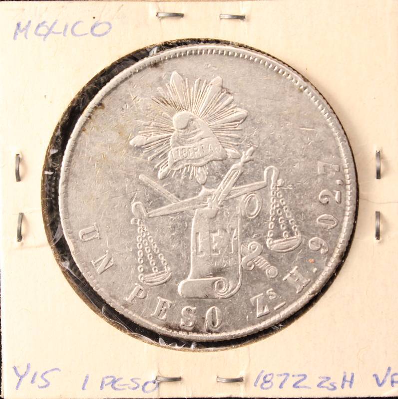 1872 ZsH MEXICO SECOND REPUBLIC PESO VF (90% SILVER 27 GRAMS)