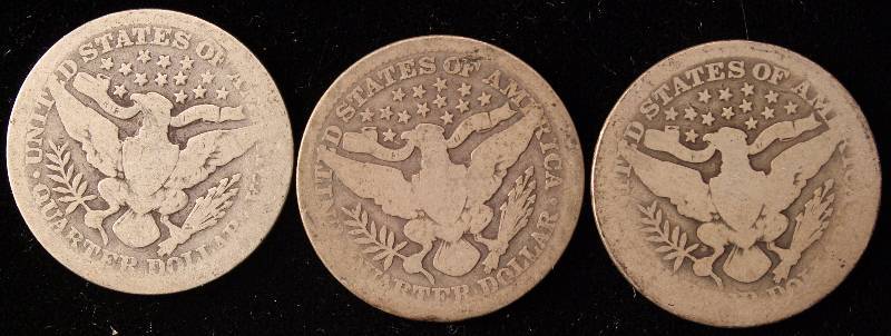 GROUP OF 3 SILVER BARBER QUARTERS 1902, 1908 & 1911
