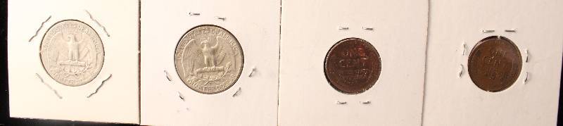 GROUP OF 4 COINS 2 SILVER WASHINGTON 25C & 2 WHEAT CENTS