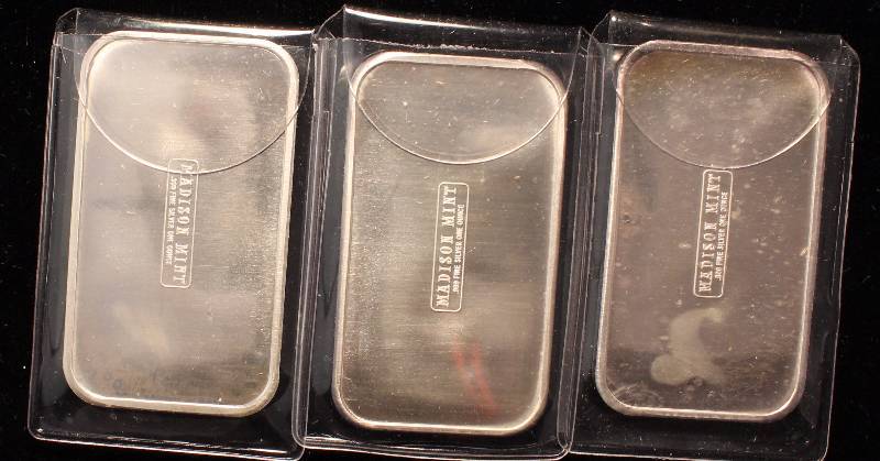 GROUP OF 3 - 1 TROY OZ .999 FINE SILVER BARS FROM THE MADISON MINT 1973