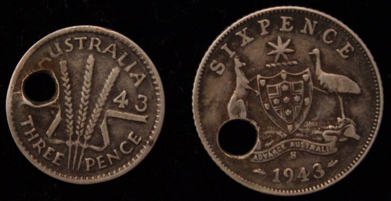 GROUP OF 2 AUSTRALIA SILVER HOLED COINS (1) 3 PENCE & (1)  PENCE