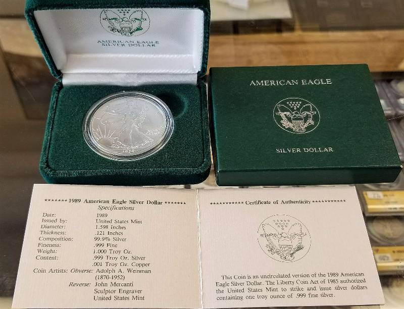ORIGINAL US GOVT BOXED 1989 SILVER EAGLE 1 TROY OZ .999 FINE SILVER