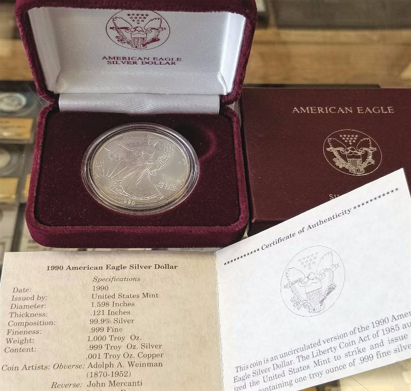 ORIGINAL US GOVT BOXED 1990 SILVER EAGLE 1 TROY OZ .999 FINE SILVER
