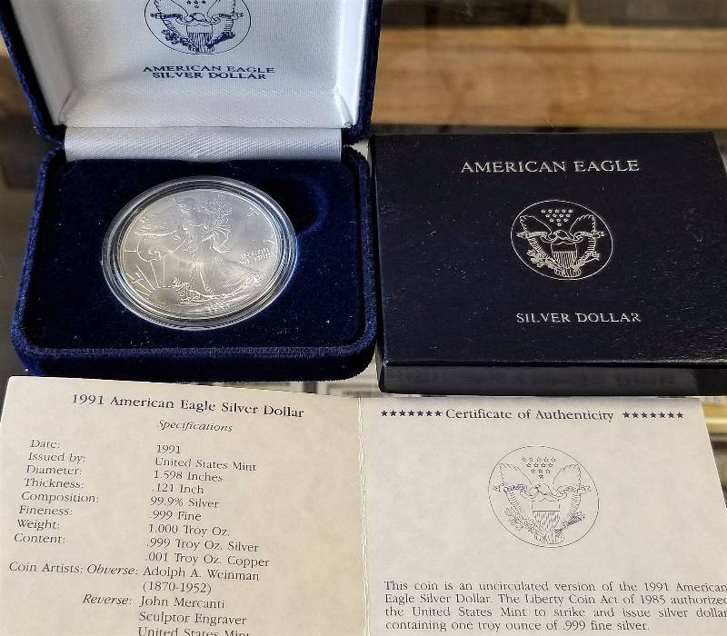 ORIGINAL US GOVT BOXED 1991 SILVER EAGLE 1 TROY OZ .999 FINE SILVER