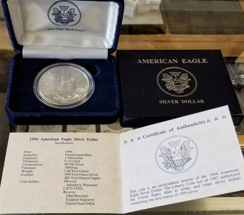 ORIGINAL US GOVT BOXED 1994 SILVER EAGLE 1 TROY OZ .999 FINE SILVER