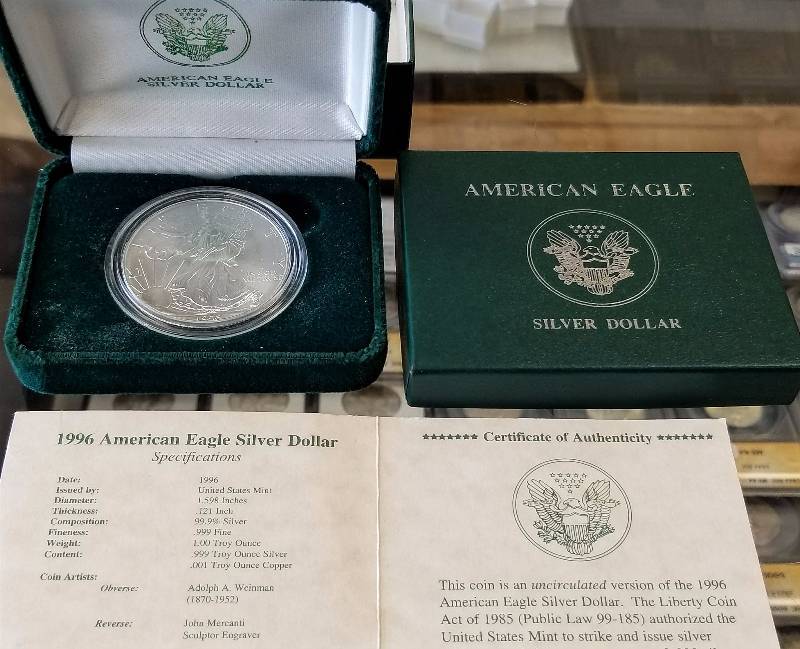 ORIGINAL US GOVT BOXED 1996 SILVER EAGLE 1 TROY OZ .999 FINE SILVER