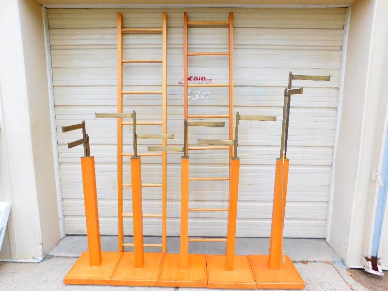 (5) Adjustable Cothes Hangers (Display Racks), (2) Wood Ladders, (1) Clothes Hook