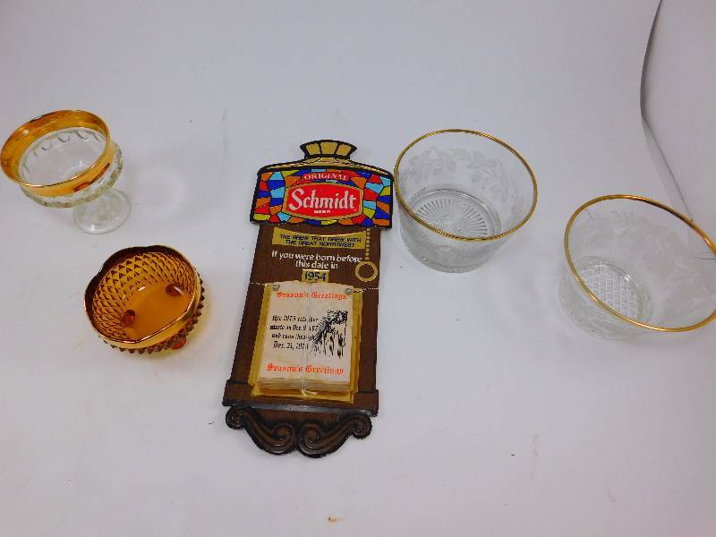 Lot of Glass Items and Vintage Beer Calender