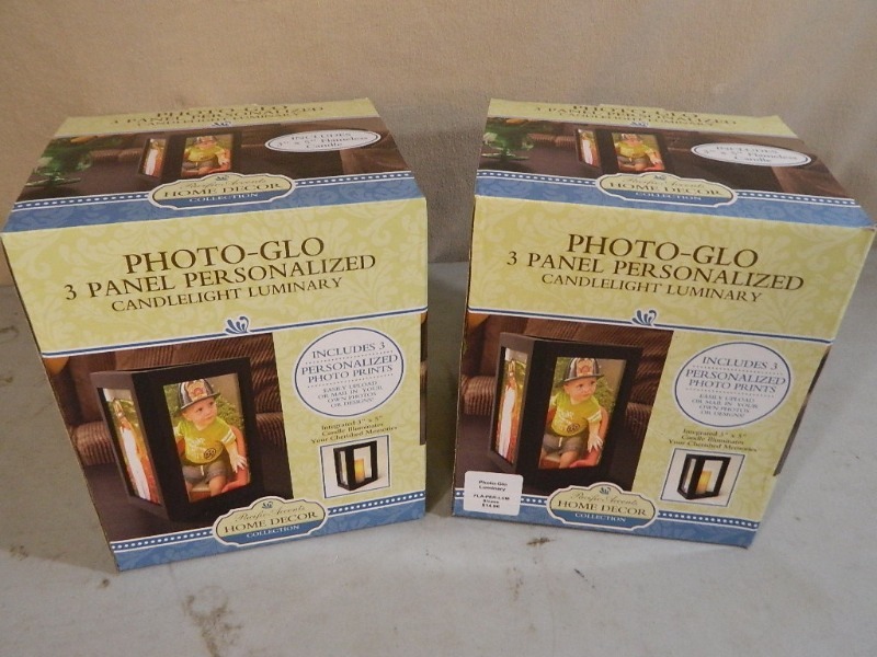 lot 64 image: 2 New Photo-Glo 3 Panel Personalized Candlelight Luminaries