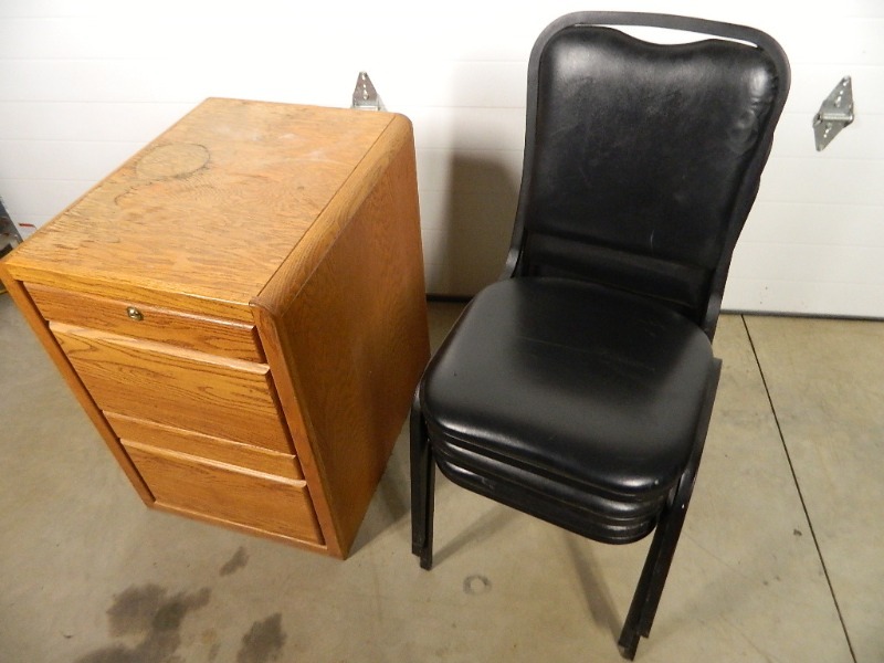 lot 212 image: Wood Filing Cabinet and 3 Stacking Chairs