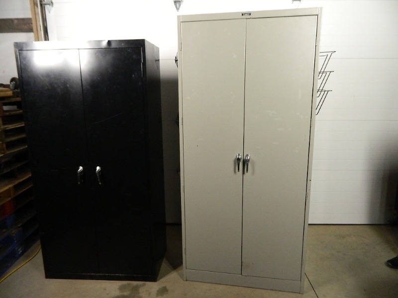 lot 221 image: 2 Metal Shop Cabinets and 3 Commercial Trash Bins