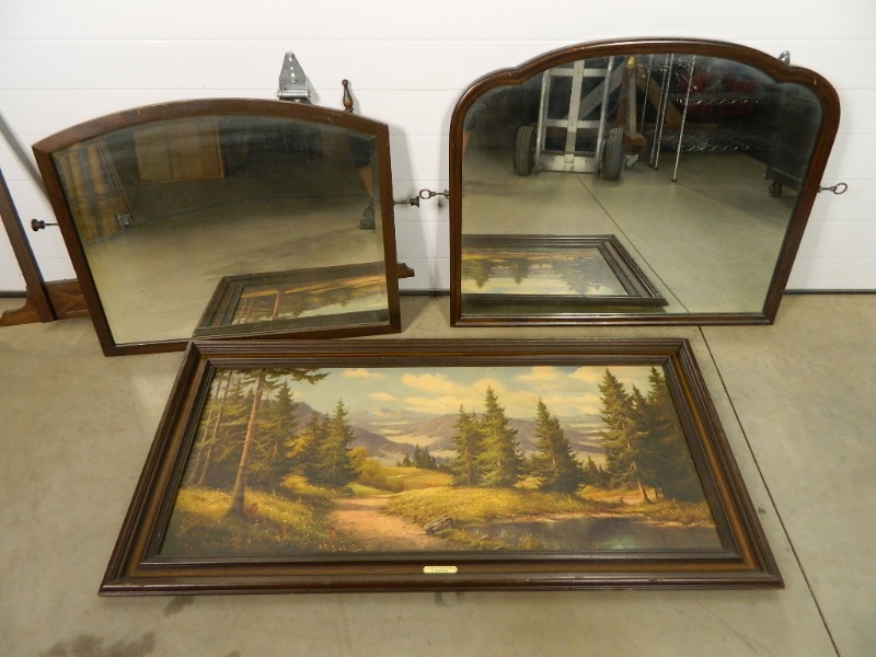 lot 236 image: 2 Vintage Wood Framed Mirrors and Vintage Print