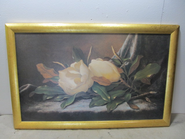 lot 56 image: LARGE Gold Framed Textured Magnolia Artwork