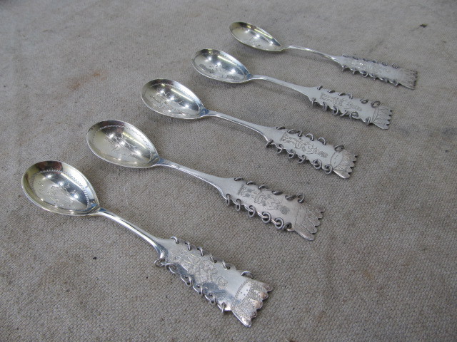 lot 71 image: Set of 5 Vintage Swedish 1950s Etched Sterling Silver Hunting Spoons