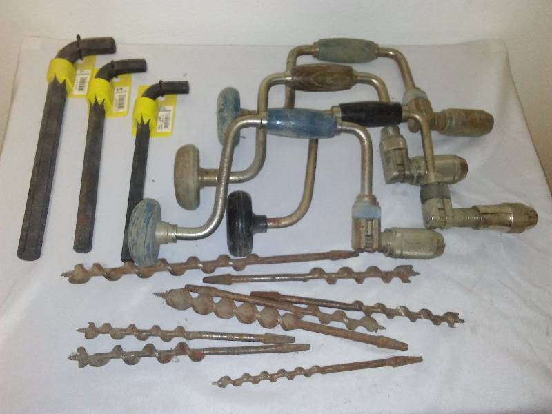 lot 68 image: New Allen Wrenches (3) Vintage Hand Drill with bits (4)