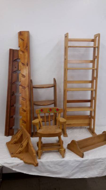 lot 10 image: Wooden furniture, shelves, racks