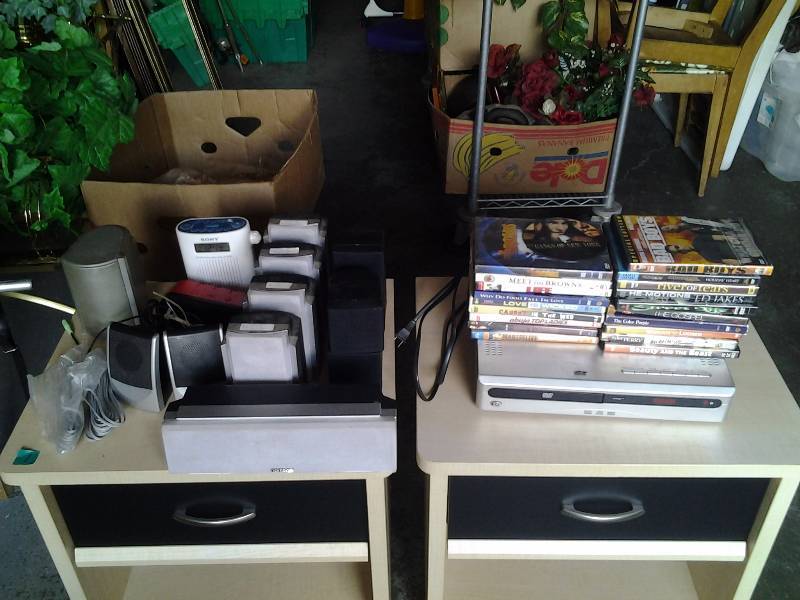 lot 6 image: Box Lot DVDs, Surround Sound DVD Player & Surround Sound Speakers