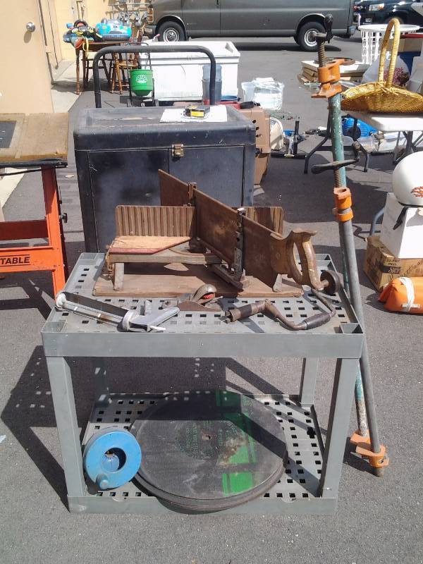 lot 17 image: Miter Saw, Bar Clamps, Large Cut-Off Wheel, Hand Drill, Frame