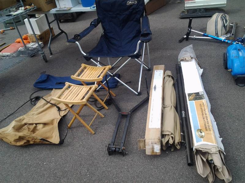 lot 27 image: 2-Patio Umbrellas, 1-Camp Chair, 1-Hanging Chair, 2-Stools & Bike Rack