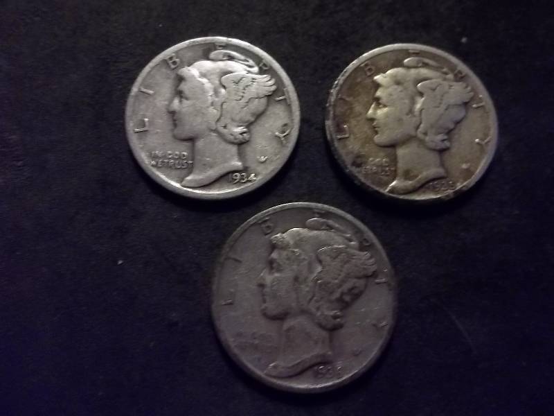 1934 D, 1935 S, 1936 D Mercury Dimes