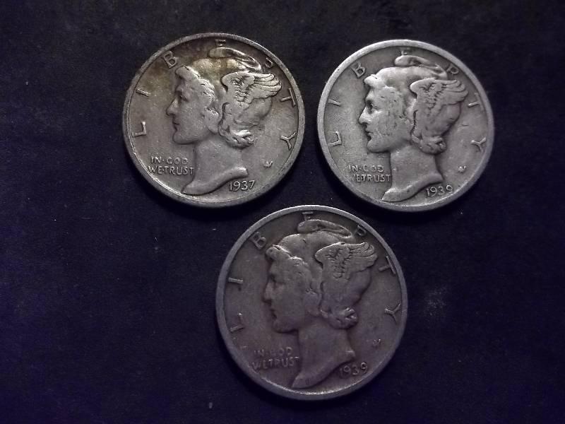 1937 S,  1939, 1939 D Mercury Dimes