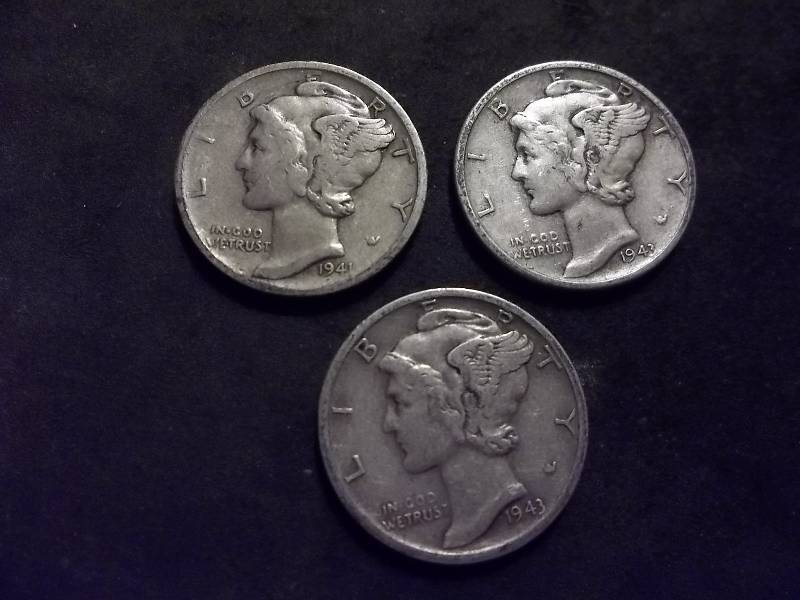 1941 S, 1943, 1943 D Mercury Dimes
