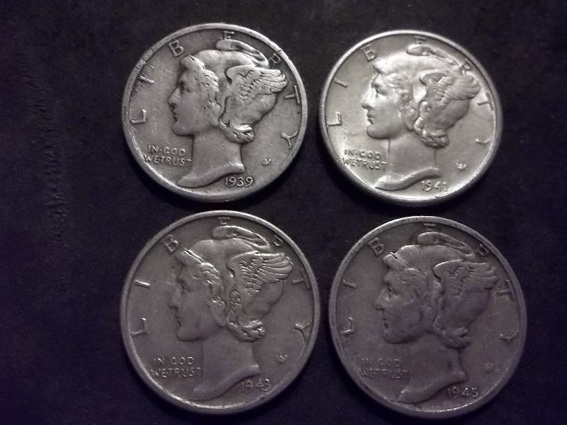 1939, 1941 D, 1943, 1945 D Mercury Dimes