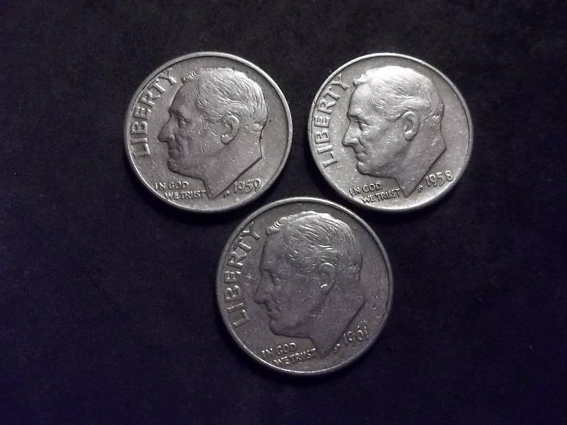 1958 D, 1959 D, 1961 D Roosevelt Dimes