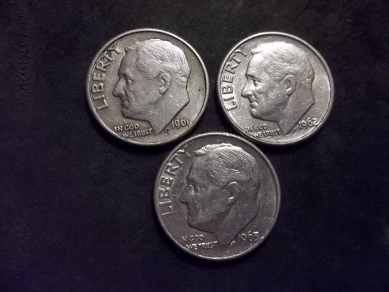 1961 D, 1962 D, 1963 D Roosevelt Dimes