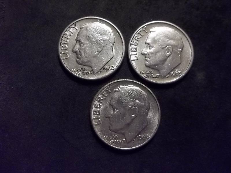 1962 D, 1963 D, 1964 Roosevelt Dimes