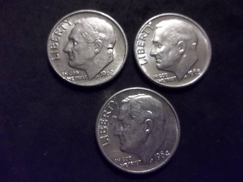 1962 D, 1963 D, 1964 Roosevelt Dimes
