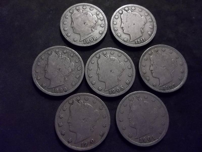 8 V-Nickels From 1898-1911 No Dups