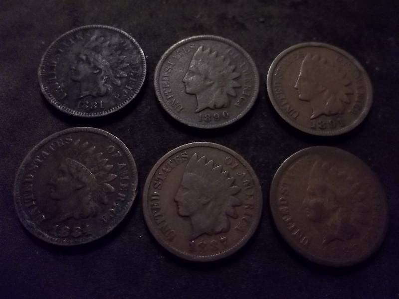 6-Indian Head Cents 1881, 1883, 1884, 1887, 1890, 1891